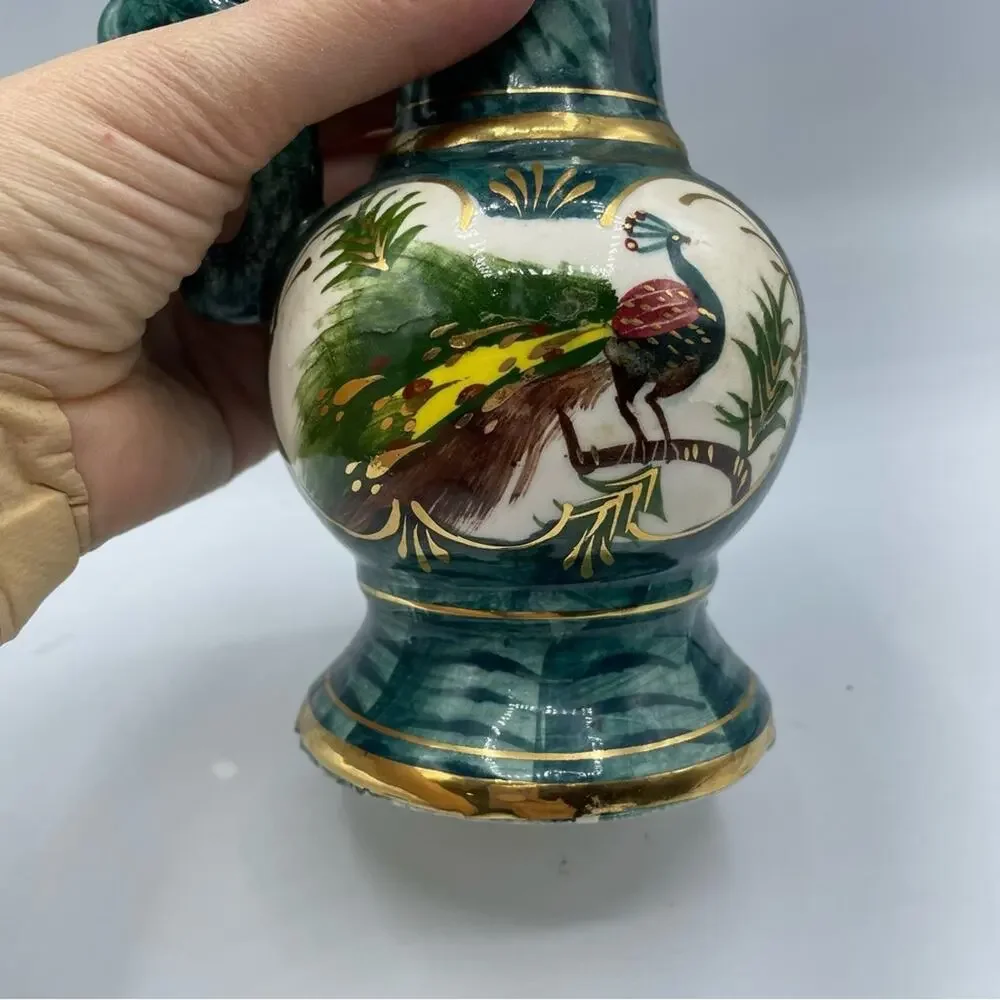 Vintage Hand Painted Peacock Ornate Vase Decor Green Teal Gold Porcelain